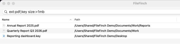 The FileFinch window showing three results for the search ext:pdf;key size:>1mb